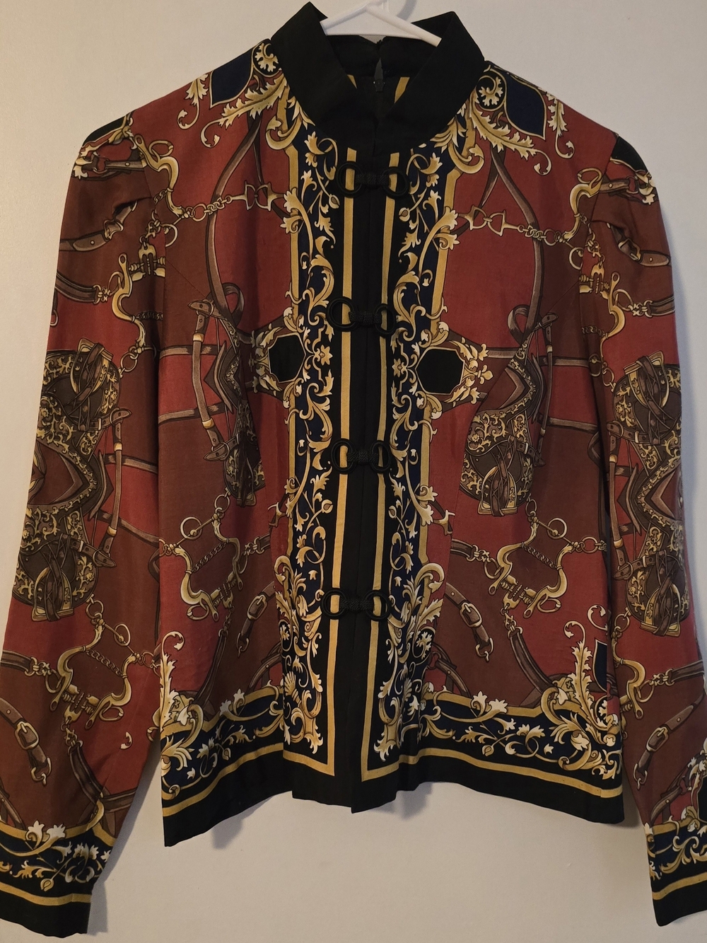 karin stevens Black & Gold Baroque-Print Toggle Blazer